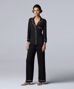 Women's Simply Vera Vera Wang Basic Luxury ¾ Sleeve Pajama Shirt & Pants Sleep Set -Simply Vera Vera Wang Shop 3952142 Black