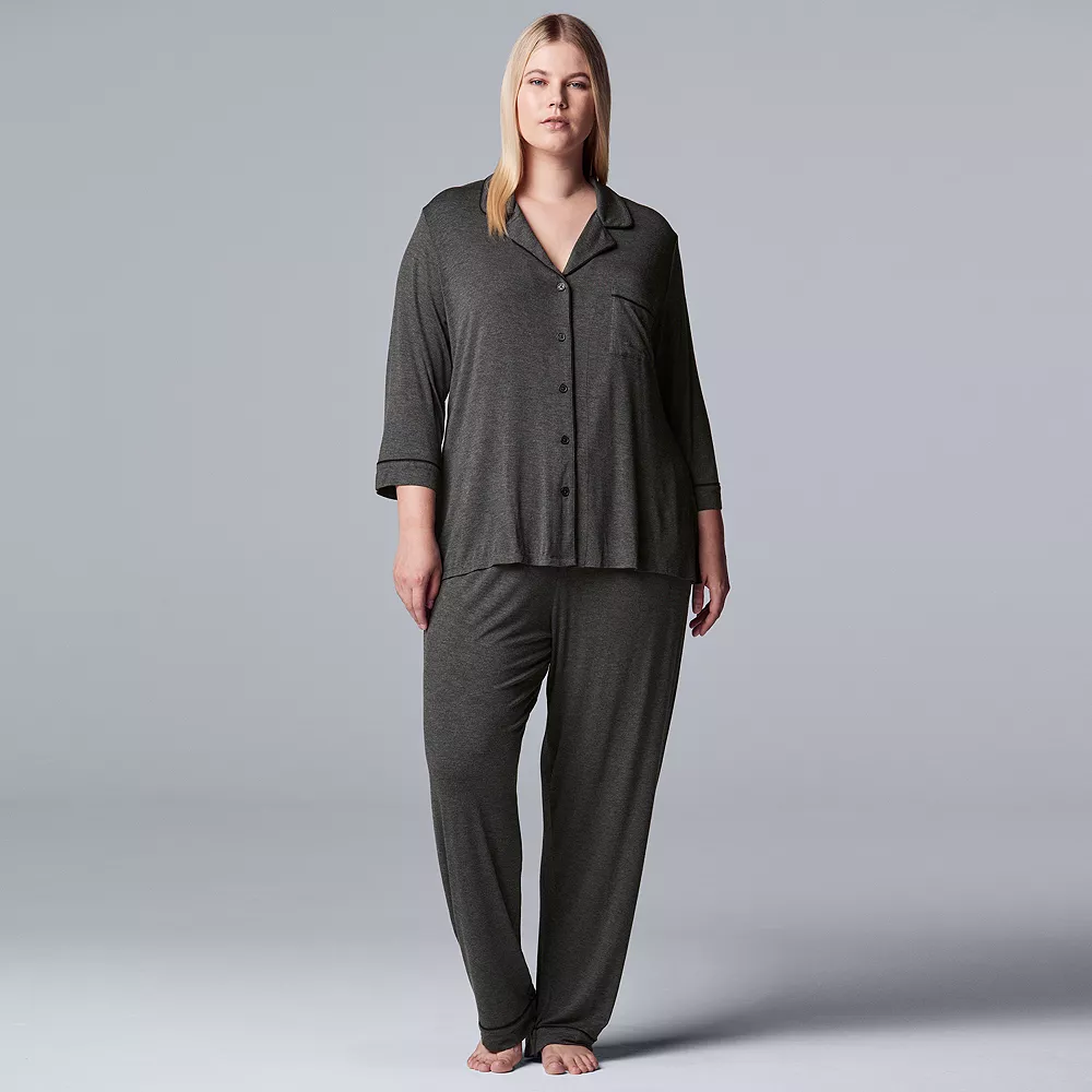 Plus Size Women's Simply Vera Vera Wang Basic Luxury Notch Pajama Set 3 Plus Size Women's Simply Vera Vera Wang Basic Luxury Notch Pajama Set