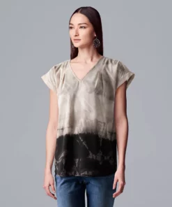 Women's Simply Vera Vera Wang V-Neck Top -Simply Vera Vera Wang Shop 4826767 Black Dip Dye