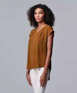 Petite Simply Vera Vera Wang V-Neck Popover Top -Simply Vera Vera Wang Shop 4826906 Deep Cognac