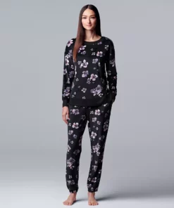 Women's Simply Vera Vera Wang Velour Pajama Top and Banded Bottom Pajama Pants Sleep Set -Simply Vera Vera Wang Shop 5005125 Black Floral