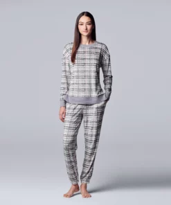 Women's Simply Vera Vera Wang Velour Pajama Top and Banded Bottom Pajama Pants Sleep Set -Simply Vera Vera Wang Shop 5005125 Pink Plaid