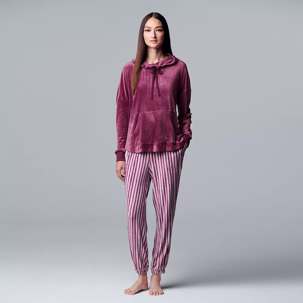 Petite Simply Vera Vera Wang Velour Hooded Pajama Top and Banded Bottom Pajama Pants Sleep Set 3 Petite Simply Vera Vera Wang Velour Hooded Pajama Top and Banded Bottom Pajama Pants Sleep Set