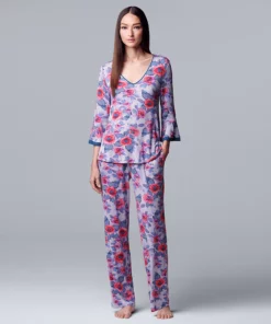 Women's Simply Vera Vera Wang 3/4 Sleeve Pajama Top & Pajama Pants Set -Simply Vera Vera Wang Shop 5047902 Lt Blue Floral
