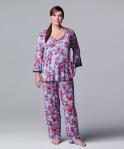 Plus Size Simply Vera Vera Wang 3/4 Sleeve Pajama Top & Pajama Pants Set -Simply Vera Vera Wang Shop 5047909 Lt Blue Floral