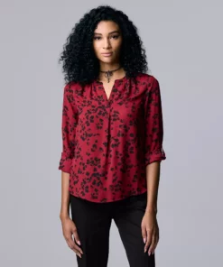 Women's Simply Vera Vera Wang Roll-Tab Sleeve Popover Blouse -Simply Vera Vera Wang Shop 5561929 Blooming Petals