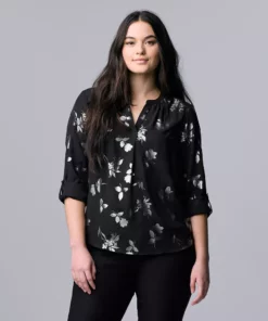 Women's Simply Vera Vera Wang Roll-Tab Sleeve Popover Blouse -Simply Vera Vera Wang Shop 5561929 Gunmetal Foil Floral