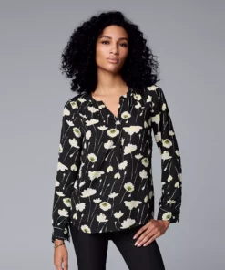 Women's Simply Vera Vera Wang Roll-Tab Sleeve Popover Blouse -Simply Vera Vera Wang Shop 5561929 Stem Floral