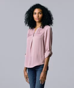 Women's Simply Vera Vera Wang Roll-Tab Sleeve Popover Blouse -Simply Vera Vera Wang Shop 5561929 Washed Grape