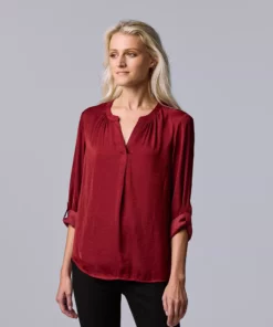 Women's Simply Vera Vera Wang Roll-Tab Sleeve Popover Blouse -Simply Vera Vera Wang Shop 5561929 Wine Allure