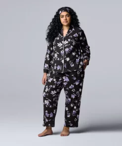 Plus Size Simply Vera Vera Wang Cozy 3-pc. Long Sleeve Pajama Shirt, Pajama Pants & Matching Headband Sleep Set -Simply Vera Vera Wang Shop 5582802 Black Floral