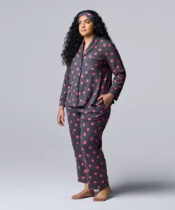 Plus Size Simply Vera Vera Wang Cozy 3-pc. Long Sleeve Pajama Shirt, Pajama Pants & Matching Headband Sleep Set -Simply Vera Vera Wang Shop 5582802 Charcoal Polka Dot