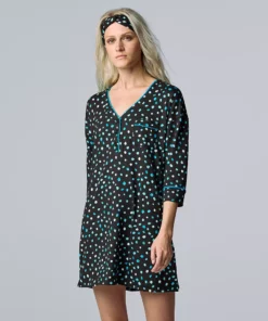 Women's Simply Vera Vera Wang 3/4 Sleeve Cozy Henley Sleepshirt with Matching Headband -Simply Vera Vera Wang Shop 5582805 Black Dot