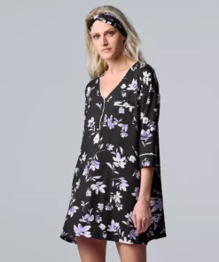 Women's Simply Vera Vera Wang 3/4 Sleeve Cozy Henley Sleepshirt with Matching Headband -Simply Vera Vera Wang Shop 5582805 Black Floral