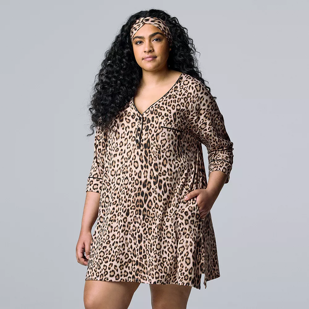 Plus Size Simply Vera Vera Wang 3/4 Sleeve Cozy Henley Sleepshirt with Matching Headband 4 Plus Size Simply Vera Vera Wang 3/4 Sleeve Cozy Henley Sleepshirt with Matching Headband - Image 2
