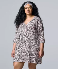 Plus Size Simply Vera Vera Wang 3/4 Sleeve Cozy Henley Sleepshirt with Matching Headband