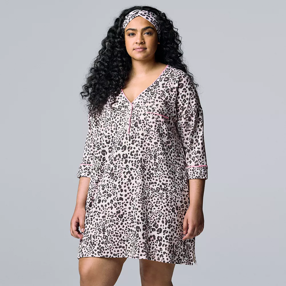 Plus Size Simply Vera Vera Wang 3/4 Sleeve Cozy Henley Sleepshirt with Matching Headband 3 Plus Size Simply Vera Vera Wang 3/4 Sleeve Cozy Henley Sleepshirt with Matching Headband