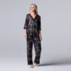 Women's Simply Vera Vera Wang 3/4 Sleeve Pajama Top and Pajama Pants Sleep Set with Satin Trim -Simply Vera Vera Wang Shop 5588962 Black Ditsy