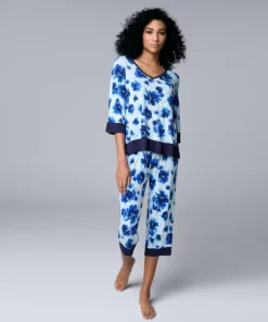 Women's Simply Vera Vera Wang 3/4 Sleeve Pajama Top and Capri Pajama Pants Sleep Set -Simply Vera Vera Wang Shop 5804564 Blue Floral