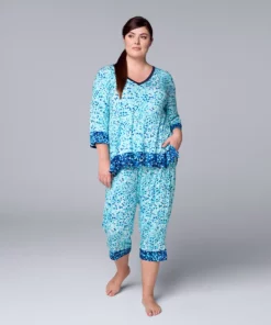 Plus Size Simply Vera Vera Wang 3/4 Sleeve Pajama Top and Capri Pajama Pants Sleep Set