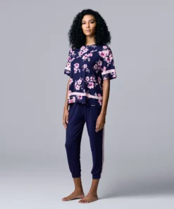 Women's Simply Vera Vera Wang Short Sleeve Pajama Top and Cropped Banded Bottom Pajama Pants Sleep Set