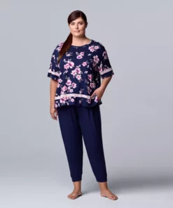 Plus Size Simply Vera Vera Wang Short Sleeve Pajama Top and Cropped Banded Bottom Pajama Pants Sleep Set